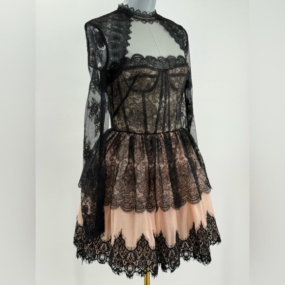 🆕 BRONX & BANCO 🧿 NWOT Daphne Illusion Lace Long Sleeve Mini Dress, Sz S US 4 - Picture 4 of 15